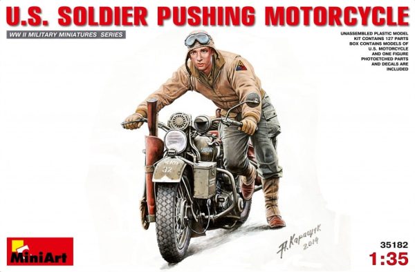 overige voertuigen, miniart, 35182, u.s. soldier pushing motorcycle, min-35182, U.S. Soldier Pushing Motorcycle, Bouwdozen.eu
